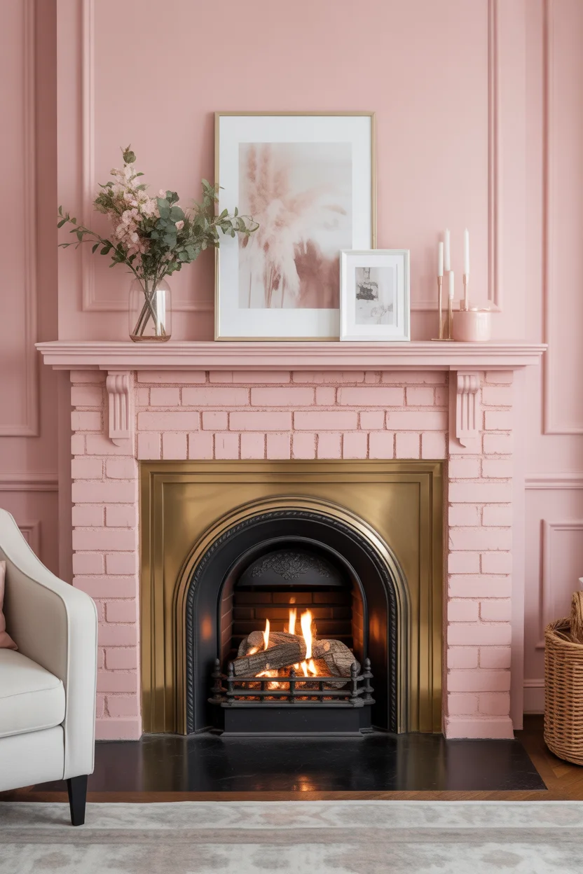 Soft Blush Pink Fireplace with Brass Details