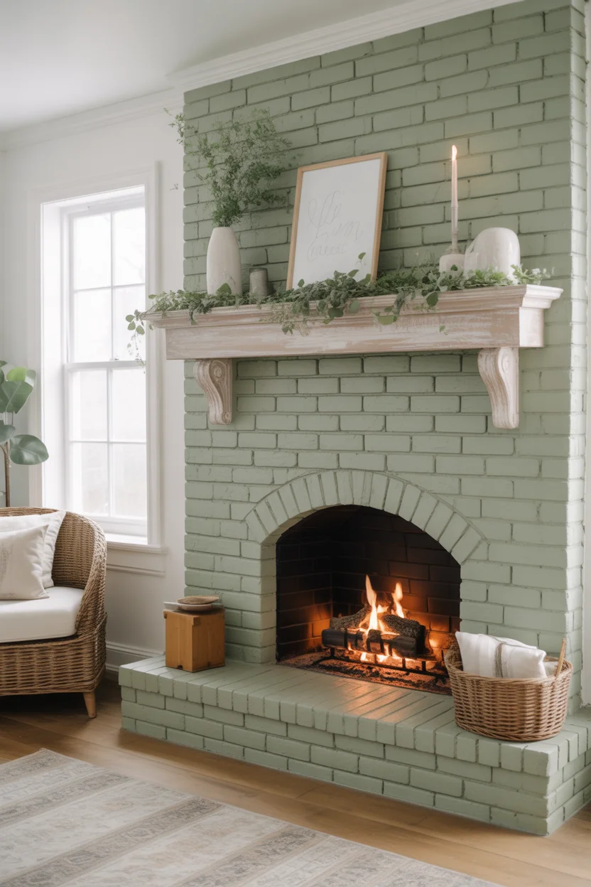Soft Sage Green Painted Brick Fireplace