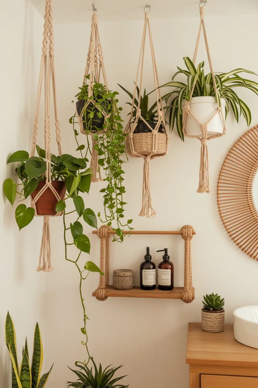 Boho Bathroom With Hanging Plants and Rope Storage