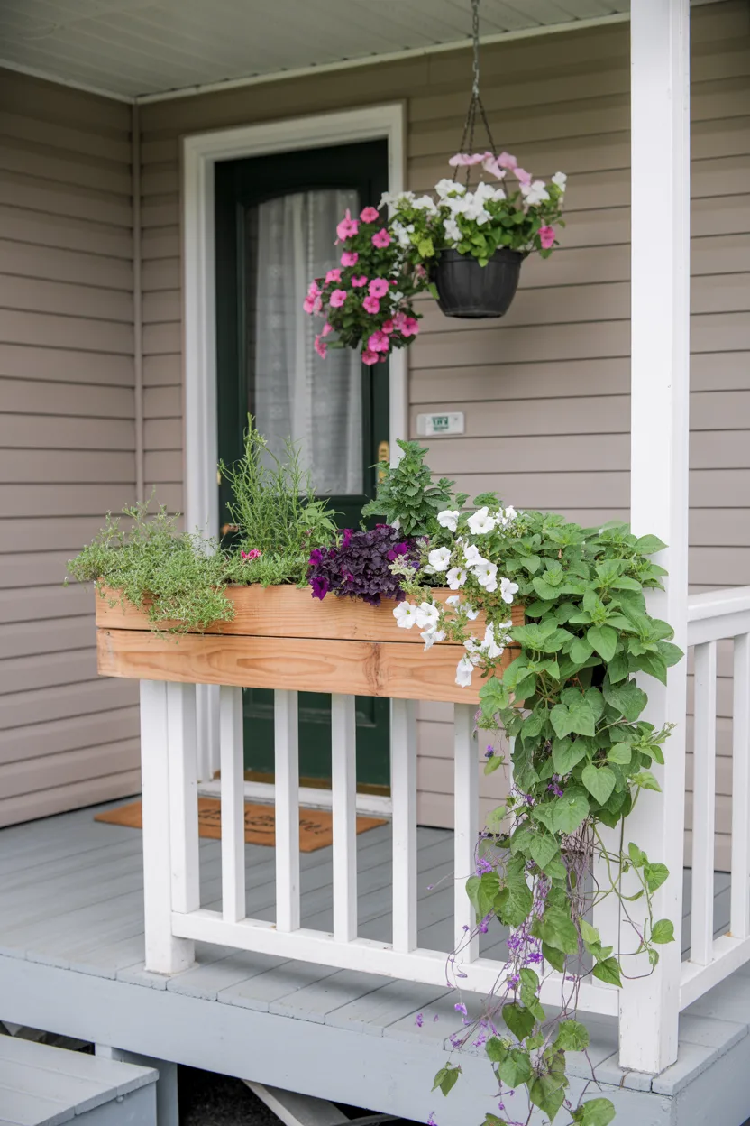 Mobile Home Front Porch With DIY Planter Box Railing and Herbs