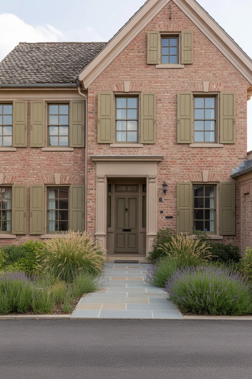 Taupe Trim With Olive Green Shutters