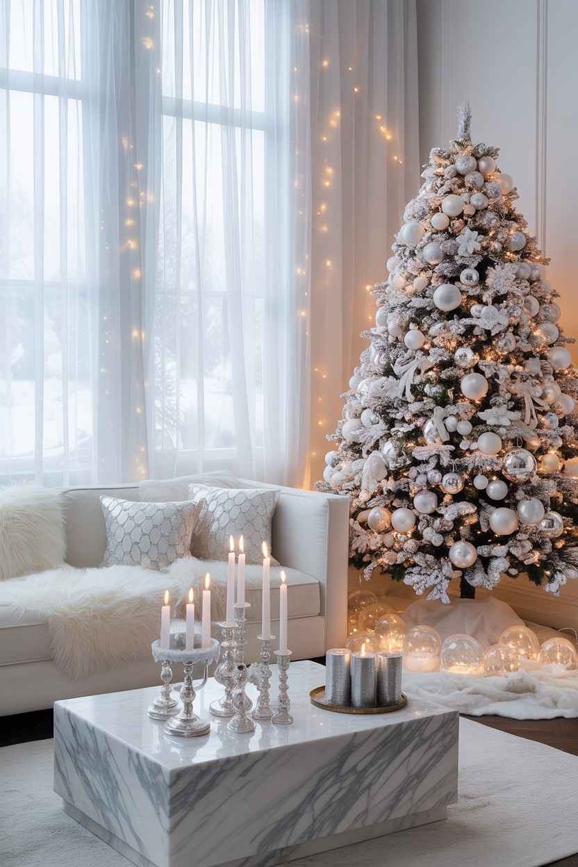 Christmas Living Room Ideas
The All-White Winter Wonderland Living Room With Frosted Magic