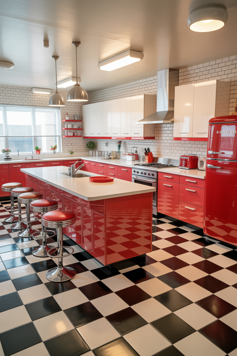 The Classic 1950s Diner Kitchen With Checkerboard Floors and Chrome Everything Retro Kitchen Ideas