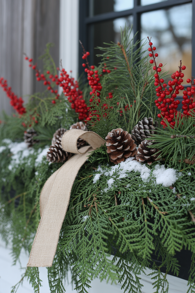 Winter Window Box Ideas The Classic Evergreen Window Box With Red Berry Clusters