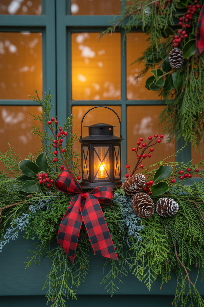 The Cozy Lantern and Greenery Winter Window Box With Warm Glow