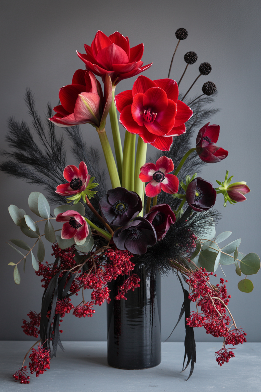The Dramatic Red and Black Winter Arrangement With Operatic Intensity