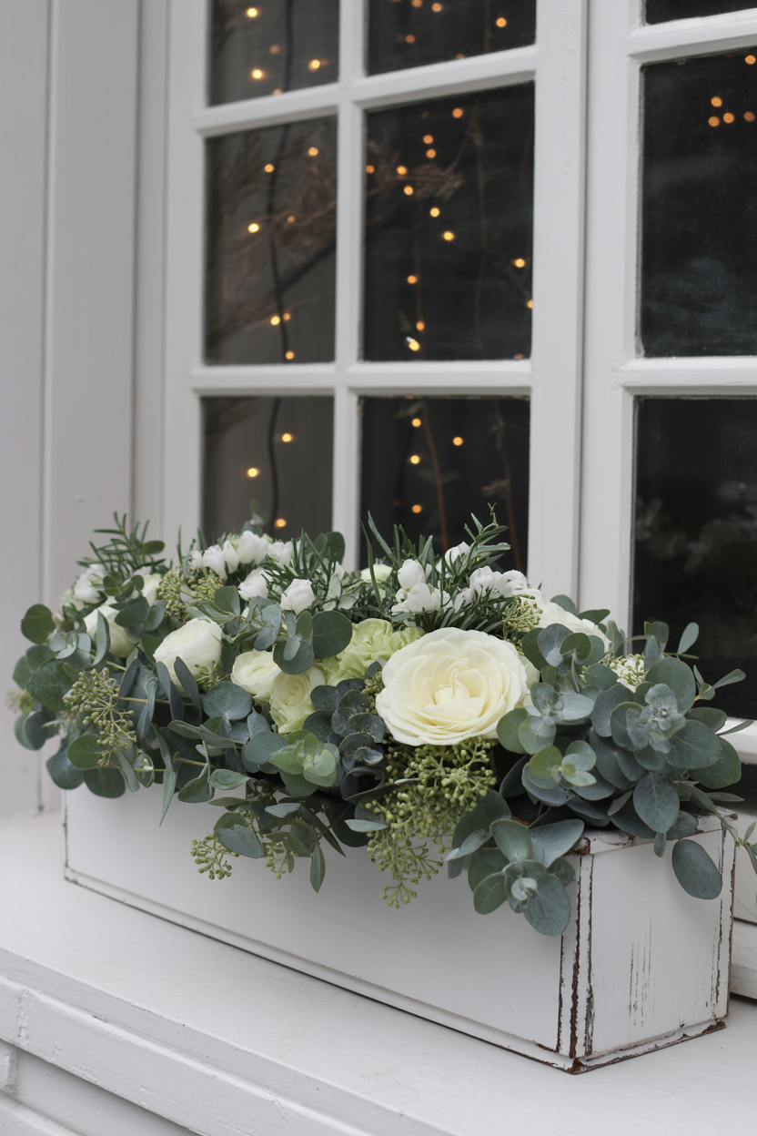 The Elegant White and Green Winter Window Box With Bridal Delicacy