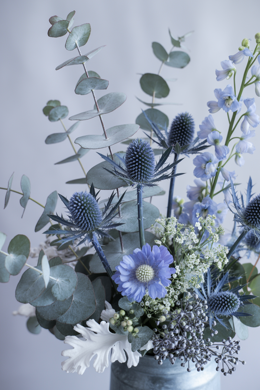  The Frosted Eucalyptus and Blue Thistle Winter Arrangement With Cool Mystique