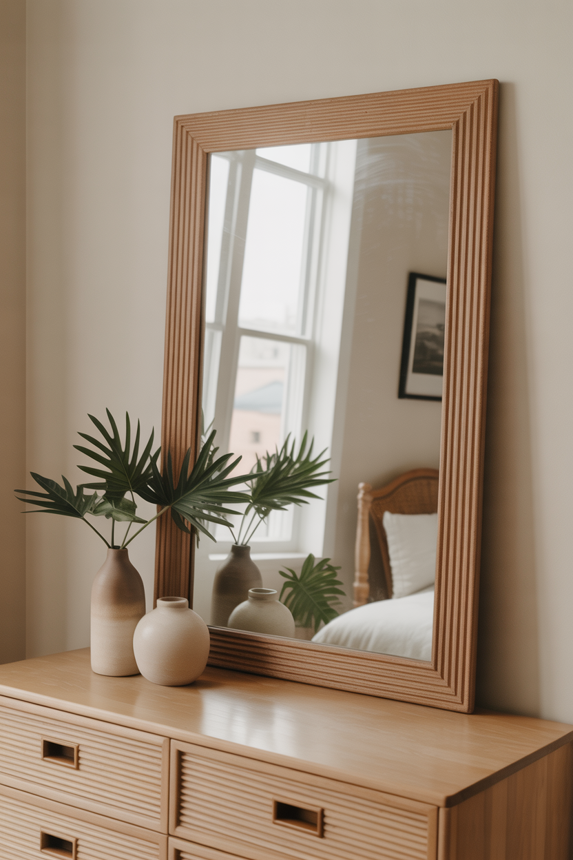 The Leaning Wood-Framed Mirror That Doubles the Light