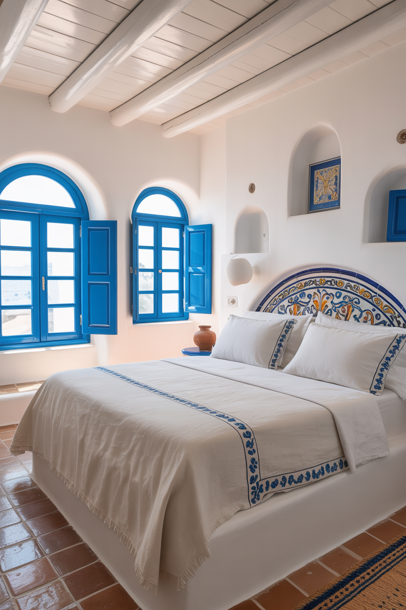 The Mediterranean Blue and White Bedroom With Santorini Serenity