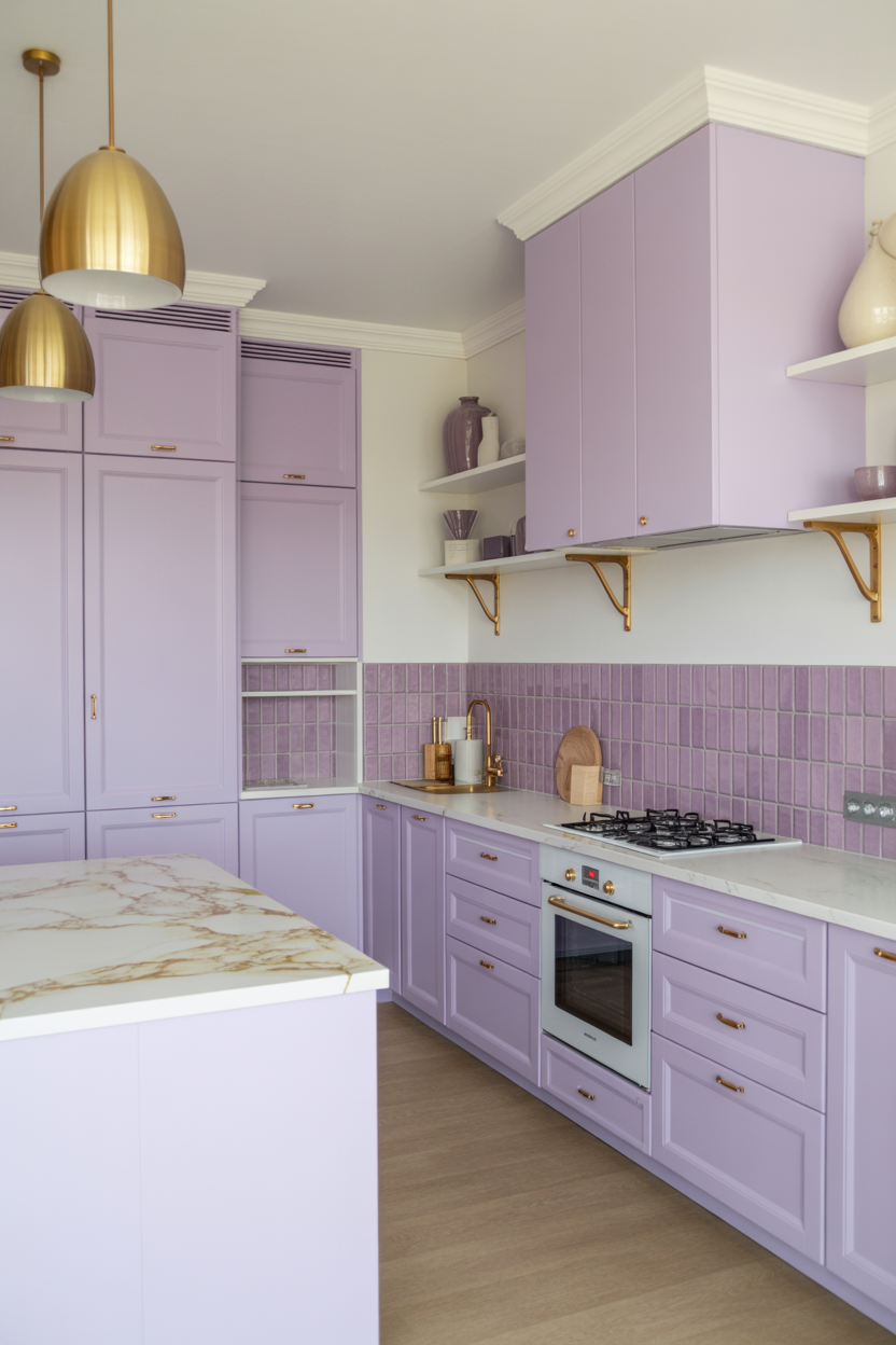 The Pale Lavender Kitchen With Gold Accents That Feels Dreamy