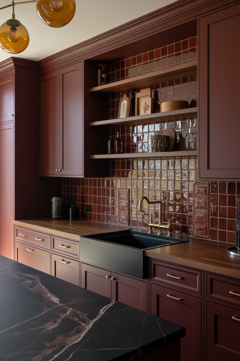 The Rich Burgundy Kitchen With Unlacquered Brass That Feels Like a Wine Cellar