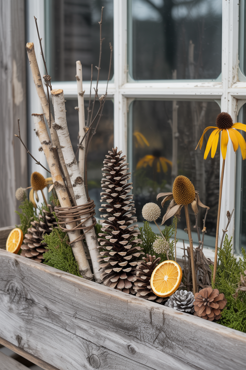 Winter Window Box Ideas The Rustic Twig and Pinecone Winter Window Box With Woodland Character