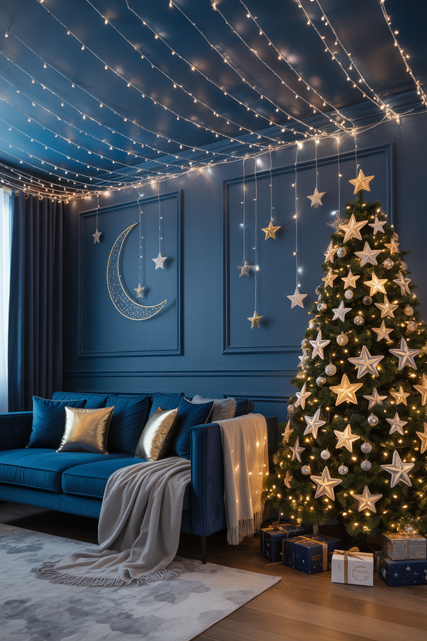 The Twinkling Starlight Christmas Living Room Under a Galaxy Ceiling