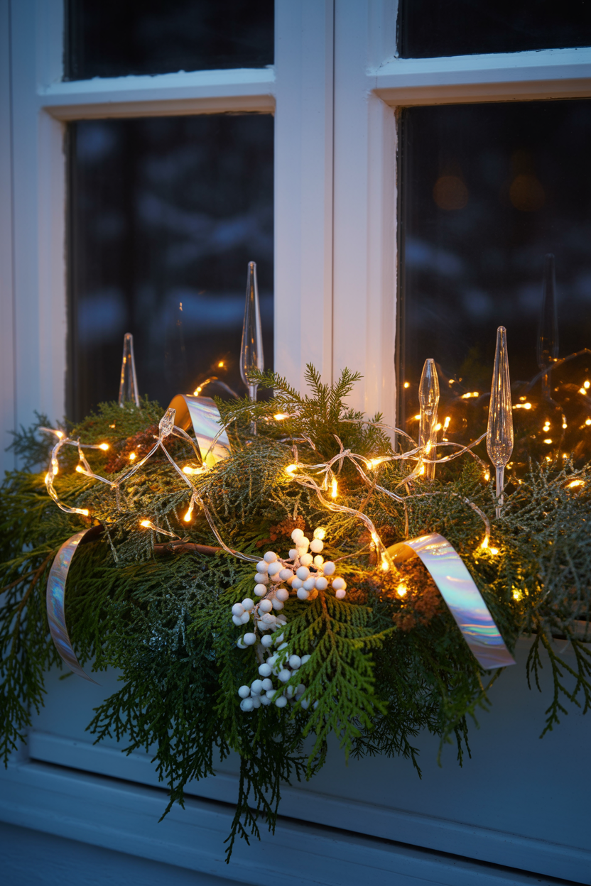 The Whimsical Fairy Light Winter Window Box After Dark