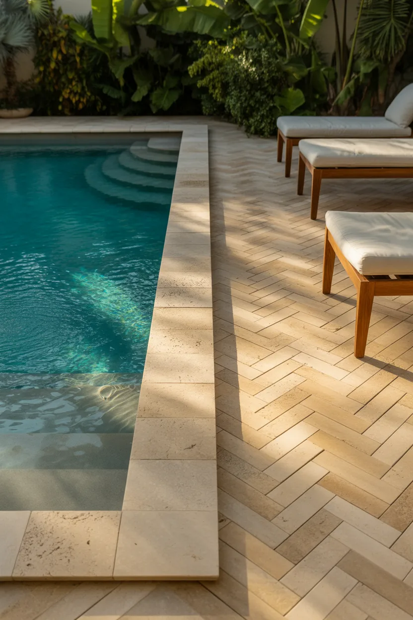 Travertine Coping With Herringbone Pool Deck