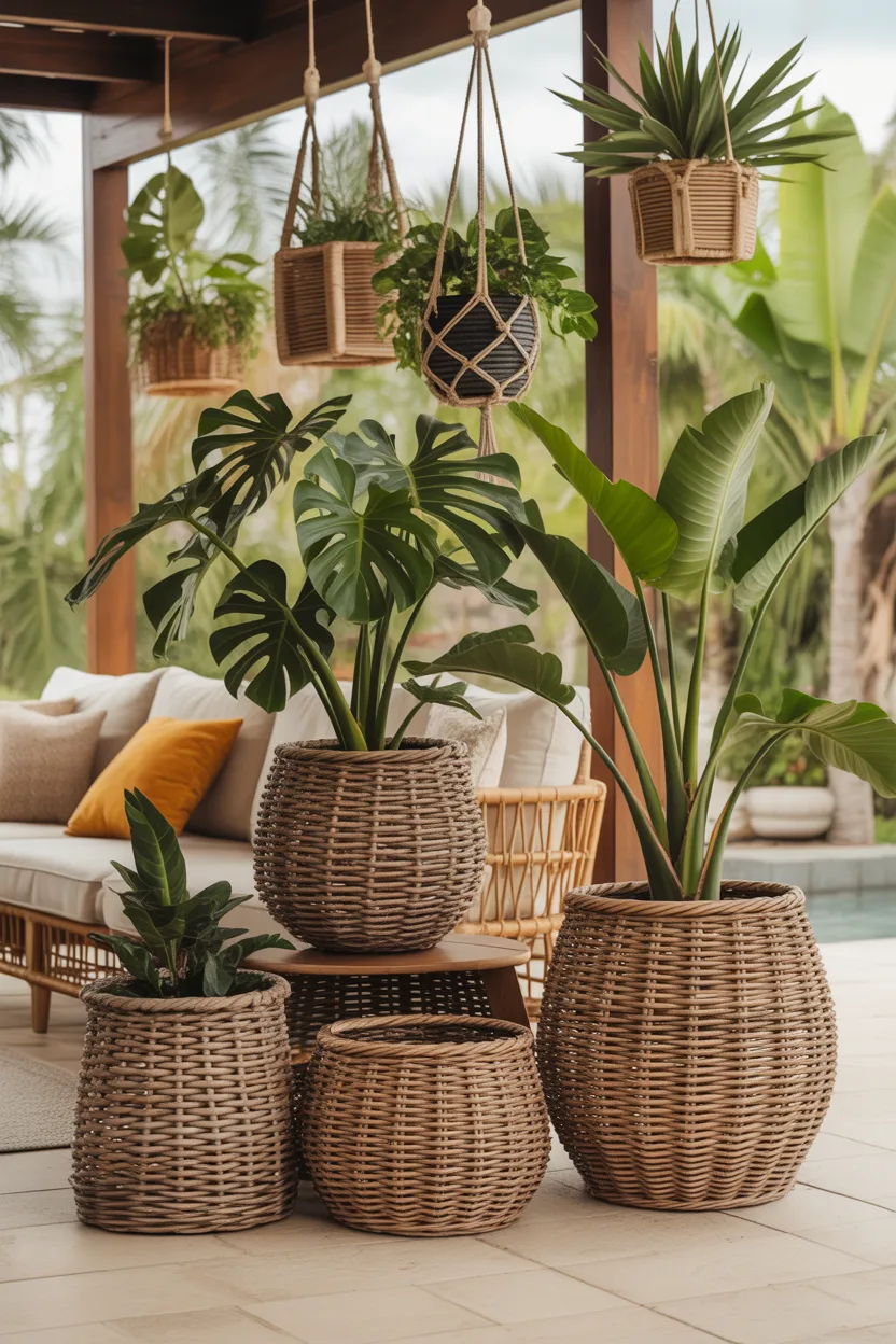 Tropical Woven Rattan Planter Basket