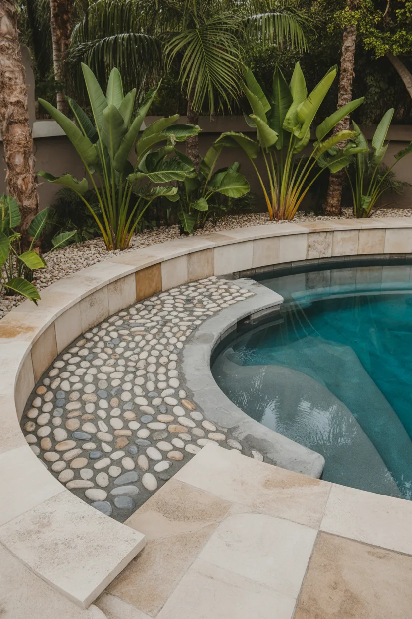 Tumbled Travertine Coping With Pebble Mosaic Pool Floor