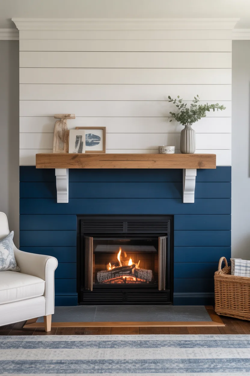 Two-Tone Navy and Cream Shiplap Fireplace