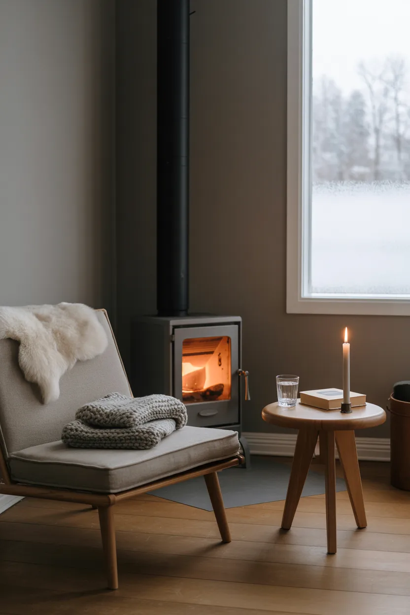 Scandinavian Reading Nook With Sheepskin Rug and Wood Stove