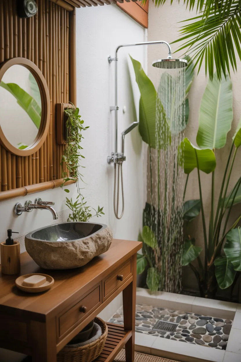Bamboo and Teak Wood Spa Bathroom With Stone Basin