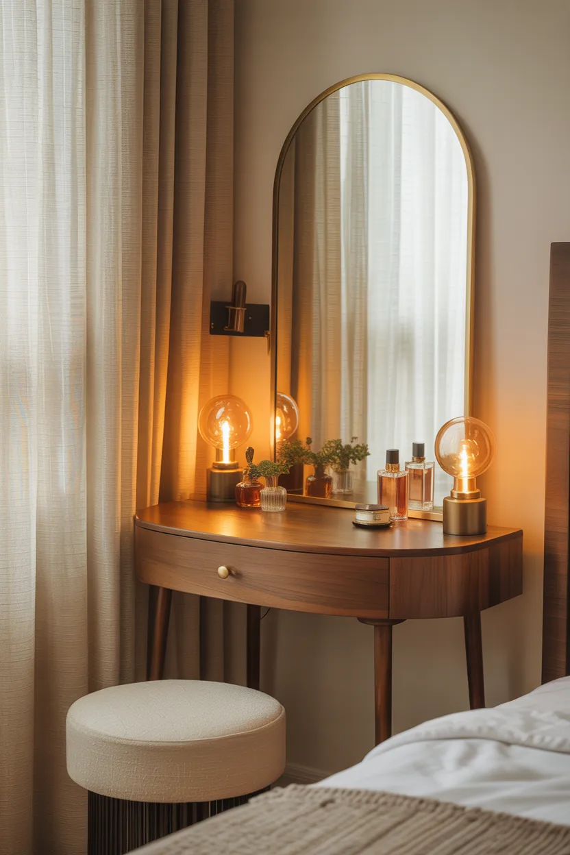 Vanity Corner With Arched Mirror and Warm Tones