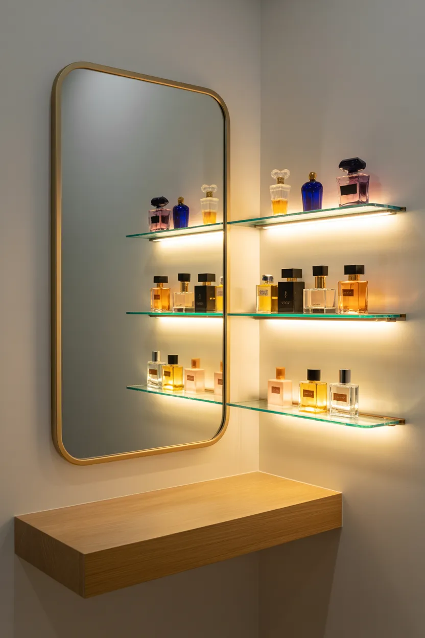 Vanity With Floating Glass Shelves for Perfume Display