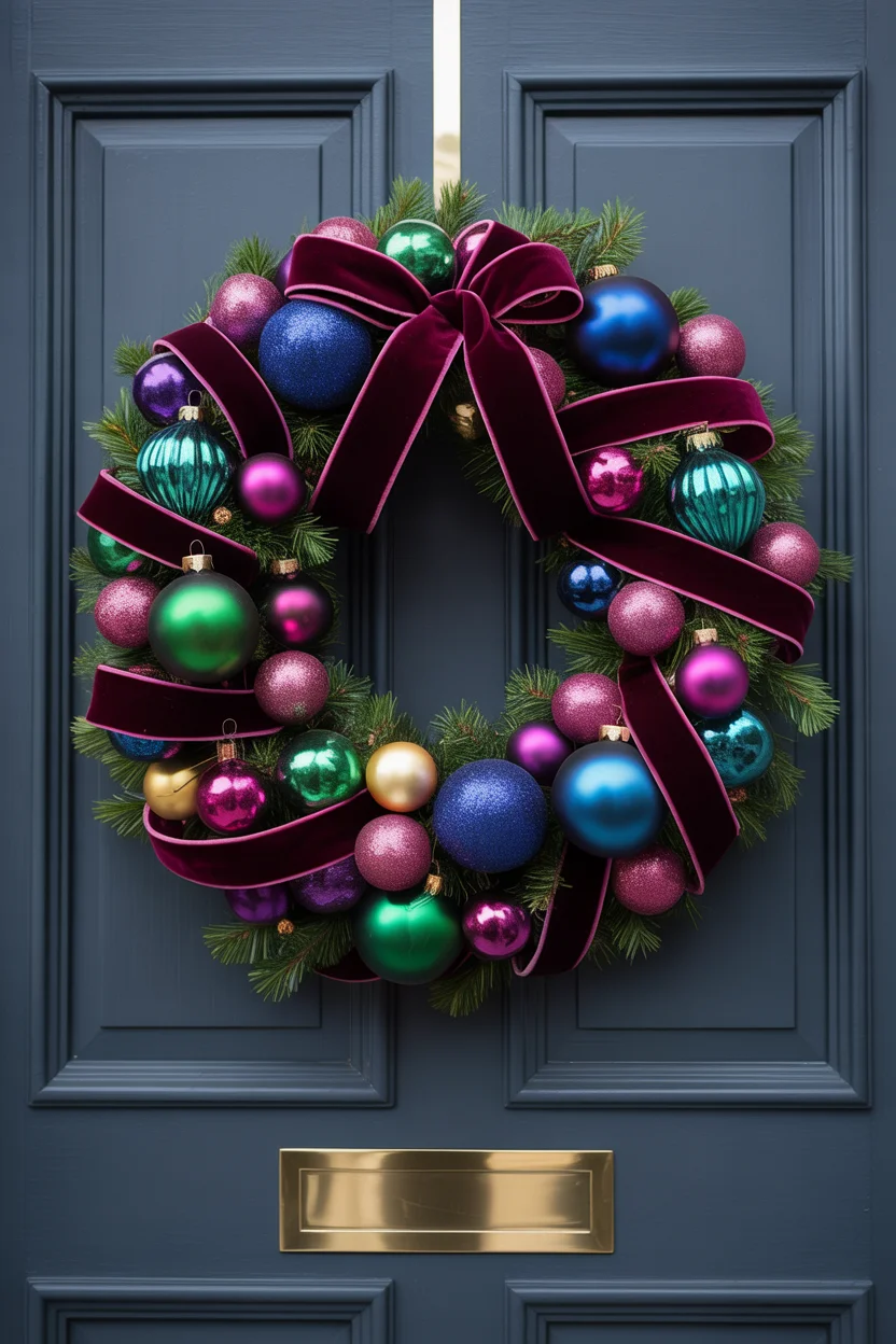 Velvet Ribbon and Jewel-Tone Ornament Wreath