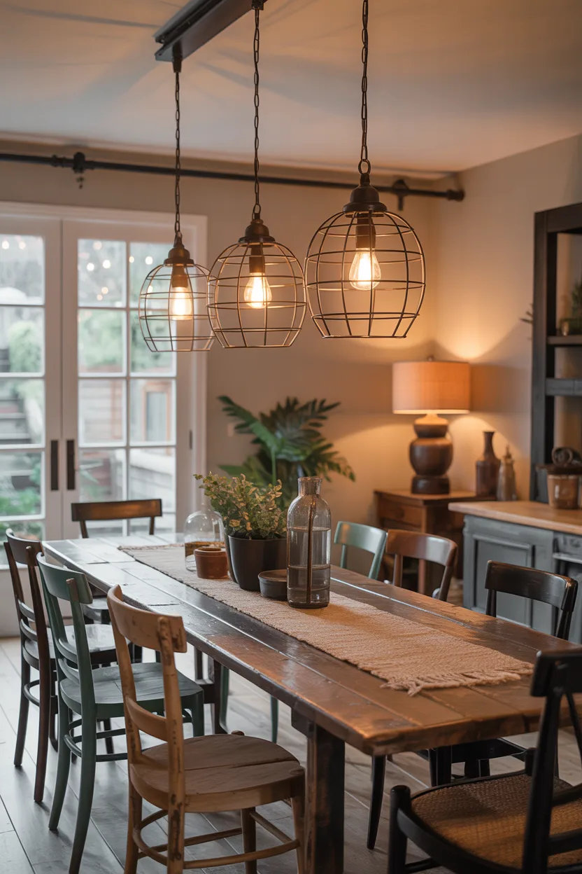 Vintage Industrial Lighting Over a Farmhouse Dining Table