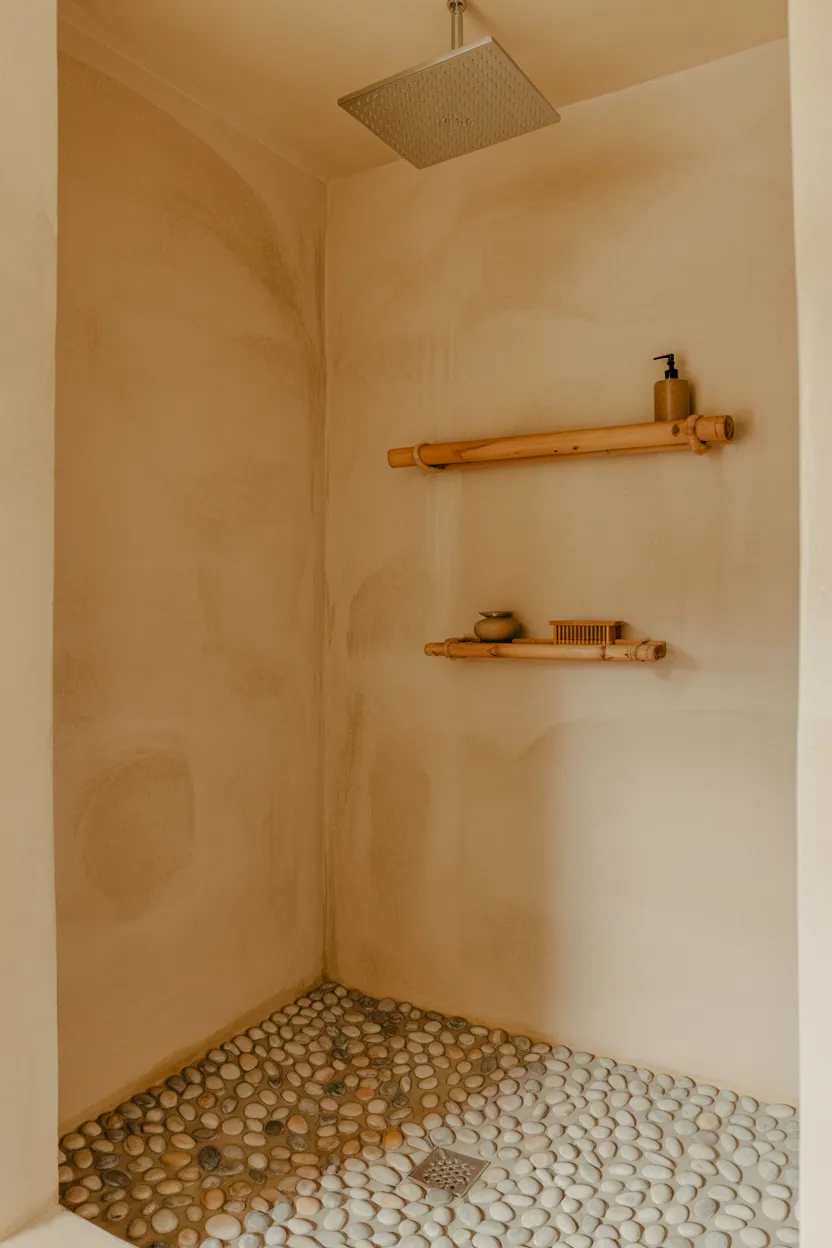 Wabi-Sabi Plaster Shower With Pebble Floor