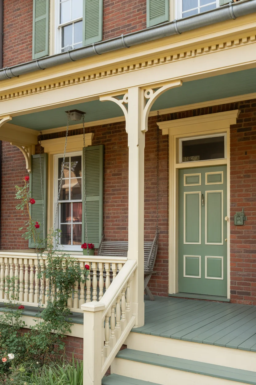 Warm Ivory Trim With Sage Green Shutters and Door