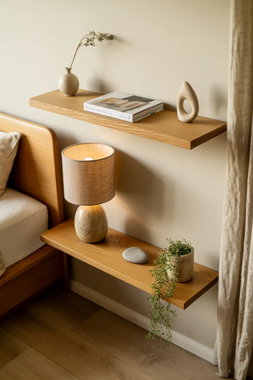  Warm Oak Floating Shelves With Curated Objects