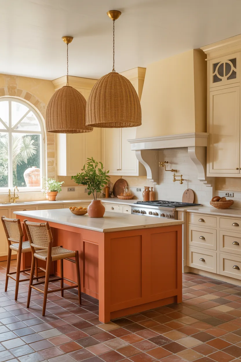 Warm Terracotta Island With Cream Perimeter Cabinets