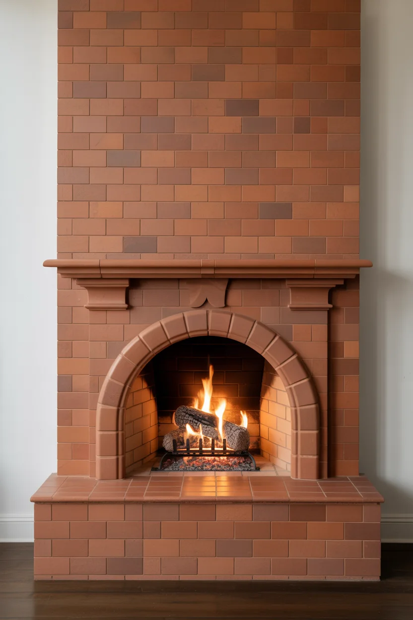 Warm Terracotta Tile Fireplace with Arched Opening