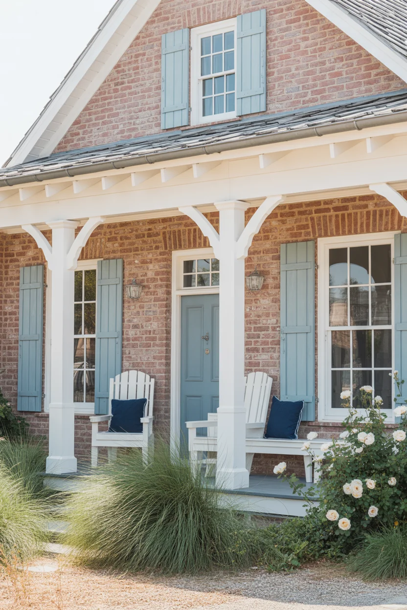 Warm White Trim With Coastal Blue Shutters