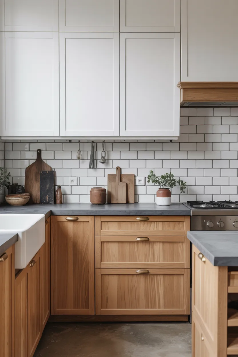 Warm Wood Lowers With White Upper Cabinets