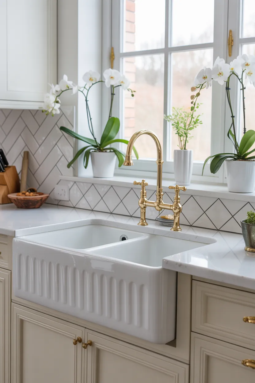 White Farmhouse Sink With Gold Faucet in a Bright Kitchen