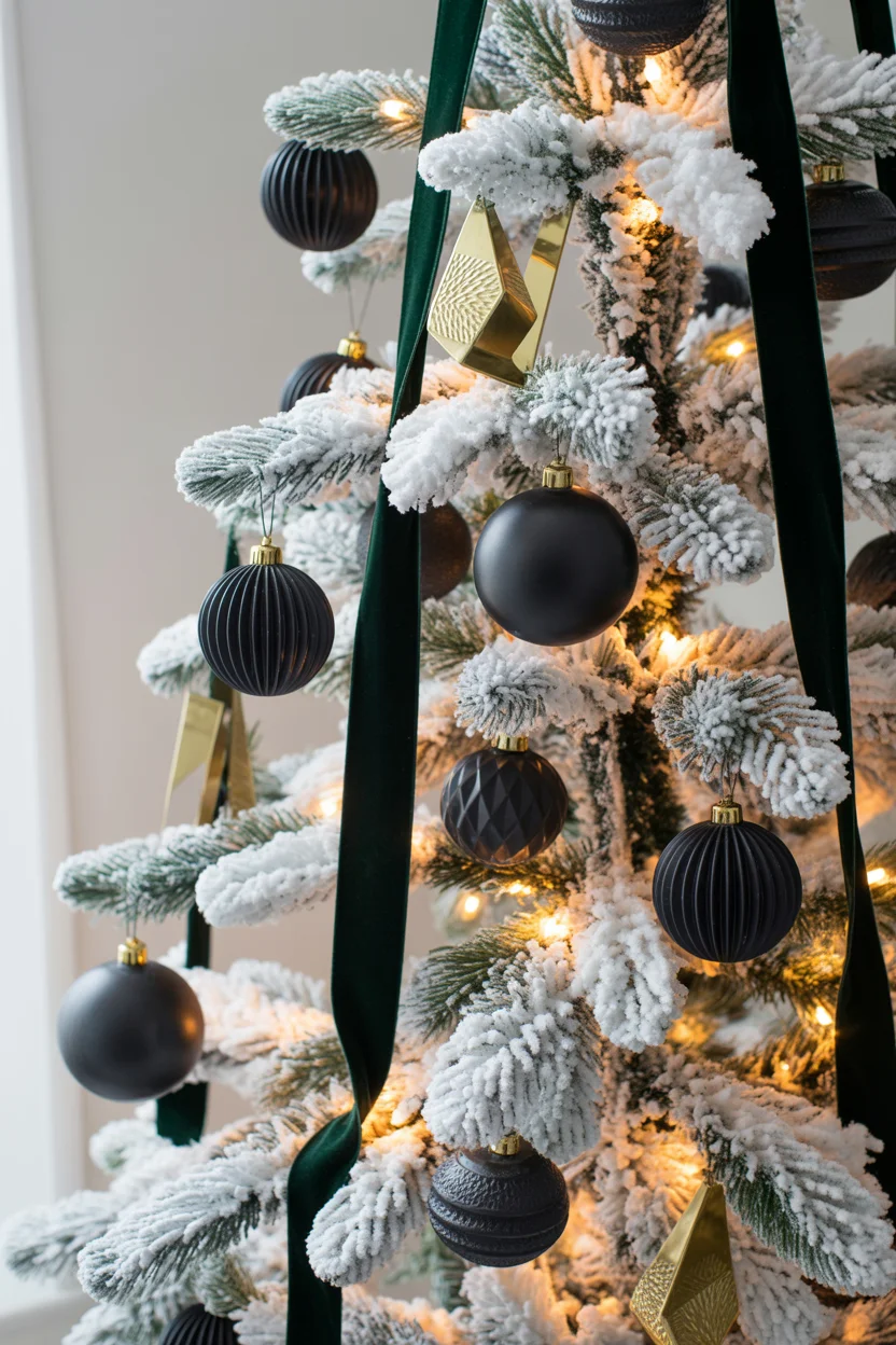 White Flocked Tree with Black Accents