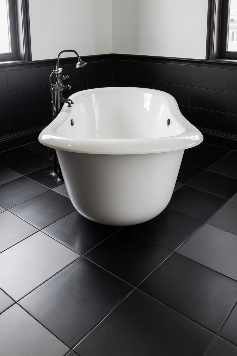 White Freestanding Tub on Black Tile Floor