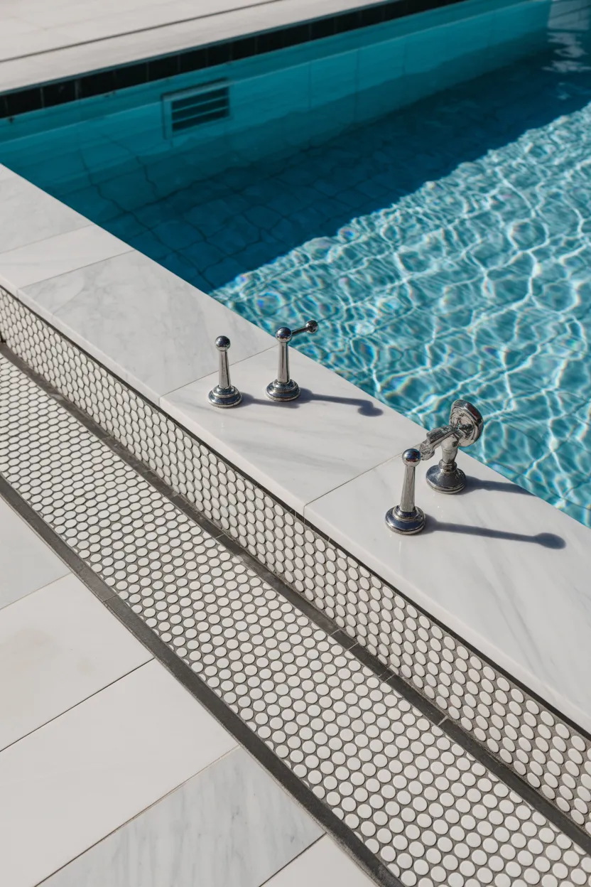 White Marble Coping With Penny Round Tile