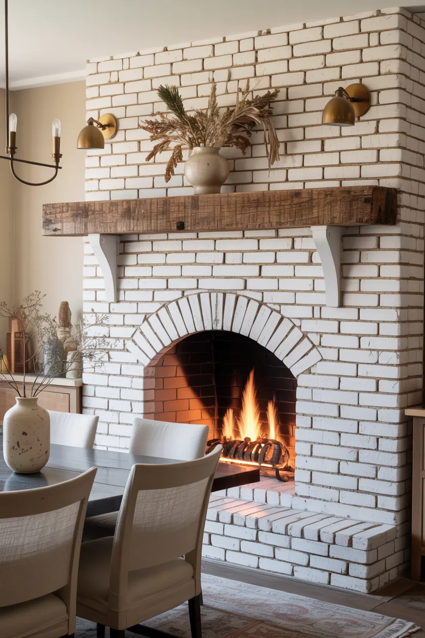 White Painted Brick Fireplace in Dining Room