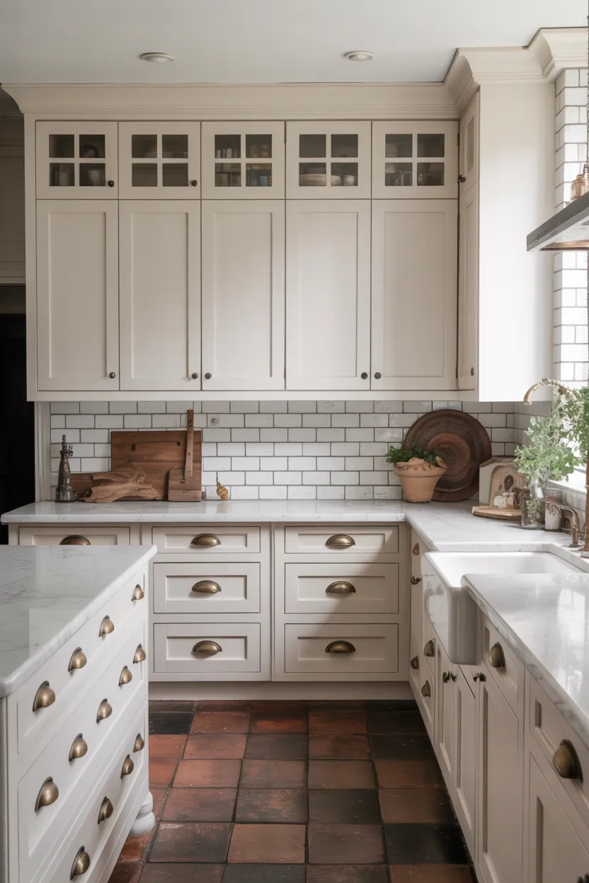 White Painted Cabinets With Aged Brass Hardware