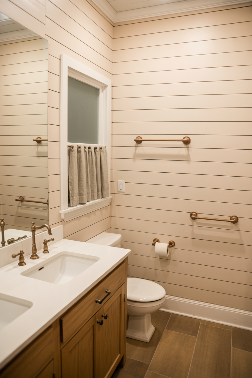  White Shiplap Walls With Aged Brass Fixtures