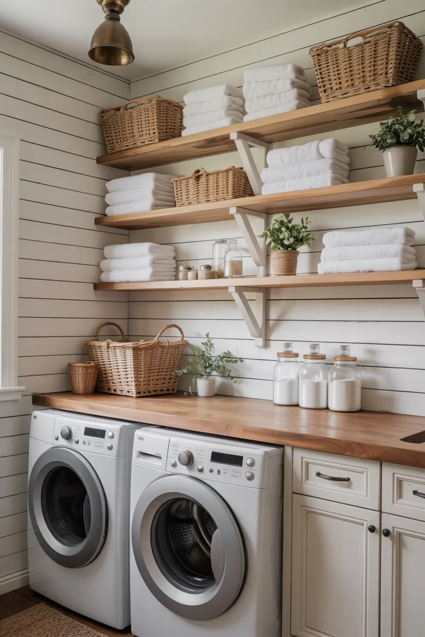 White Shiplap Walls With Open Timber Shelving