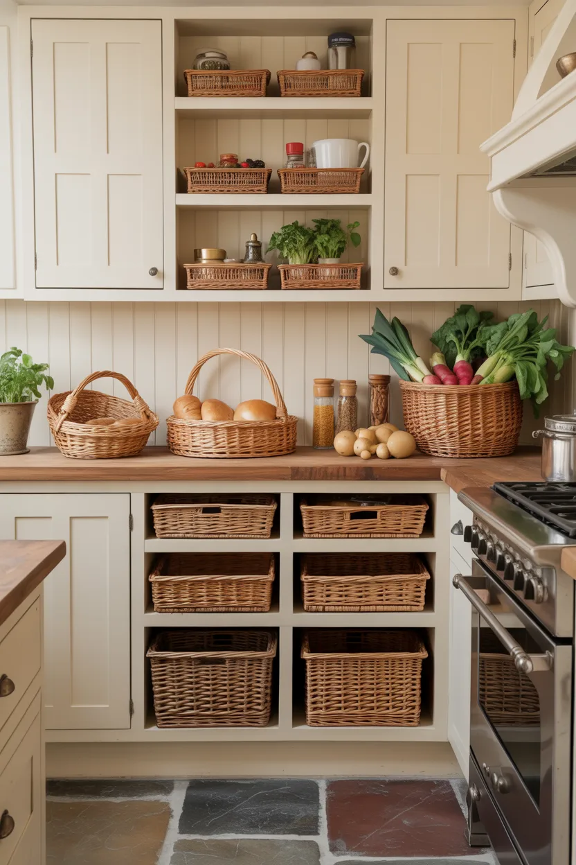 Wicker Basket Storage Throughout Kitchen