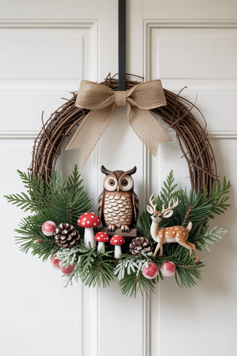Winter Woodland Wreath with Owls and Mushrooms