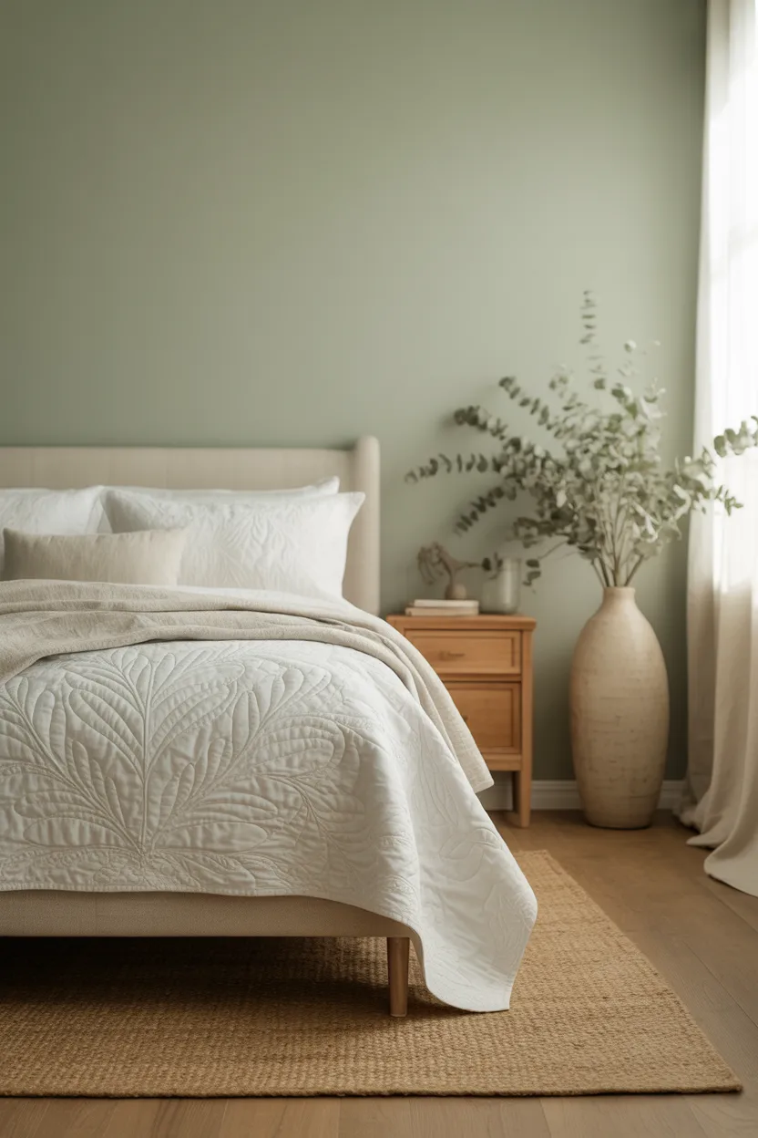 Soft Sage Green Bedroom With White Quilt and Wooden Furniture