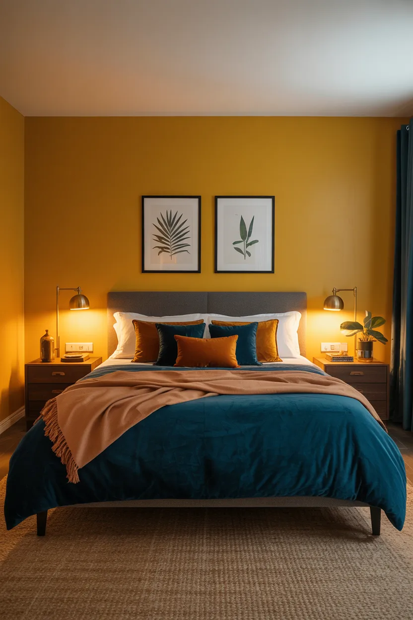 Mustard Yellow Bedroom With Deep Teal Bedding
