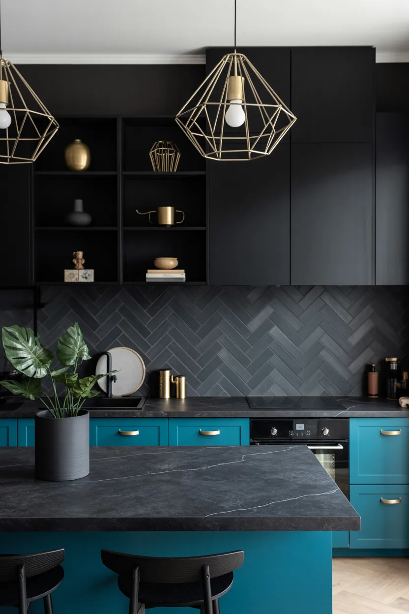 Dark Moody Teal and Black Kitchen