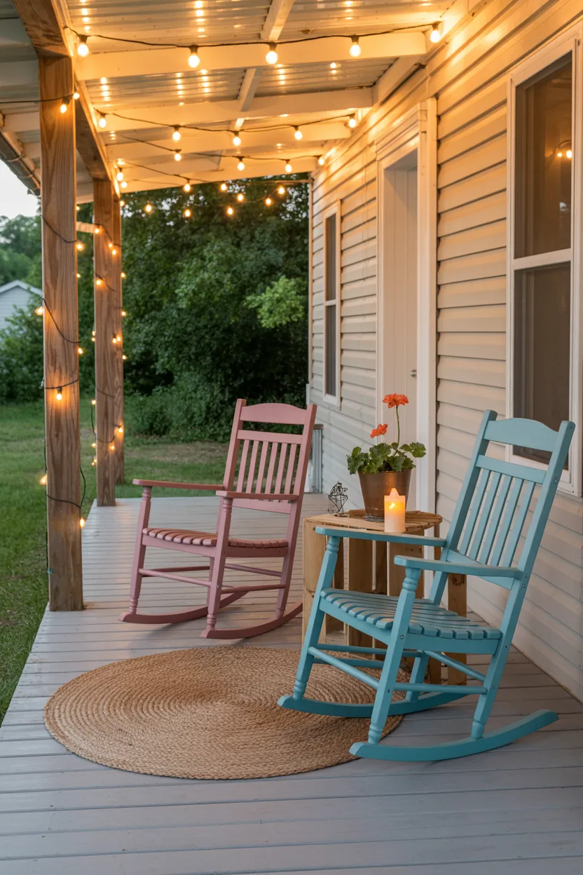 Outdoor Space Ideas  String Light Porch Makeover With Secondhand Rocking Chairs
